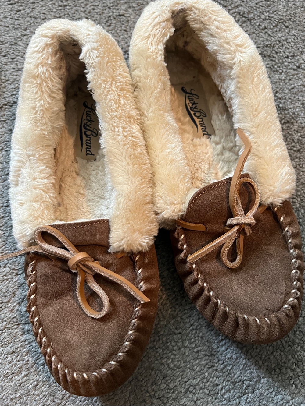Lucky Brand Brown Suede Moccasin Slippers with Cream Plush Lining